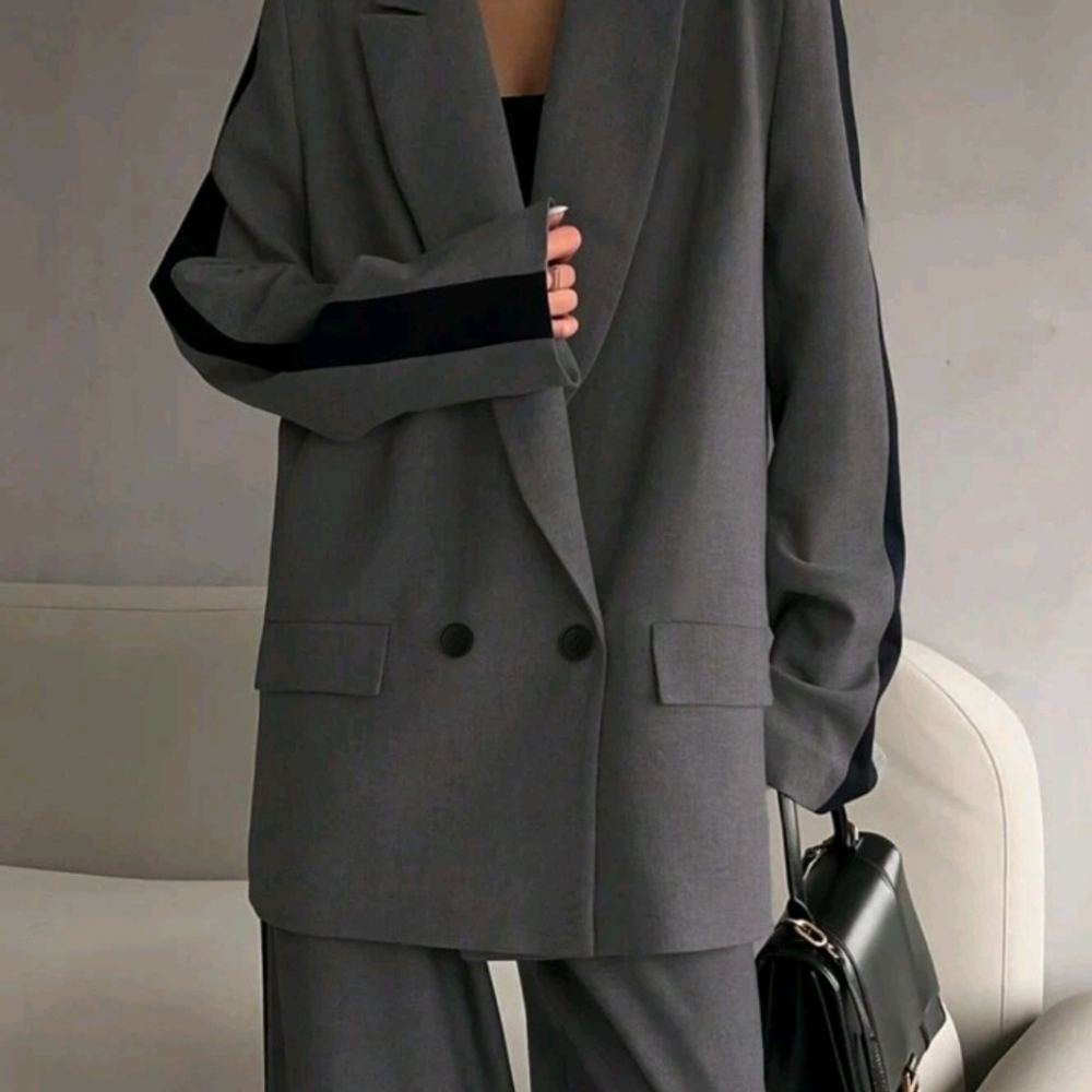 Gray Double-Breasted Blazer and Pants Set